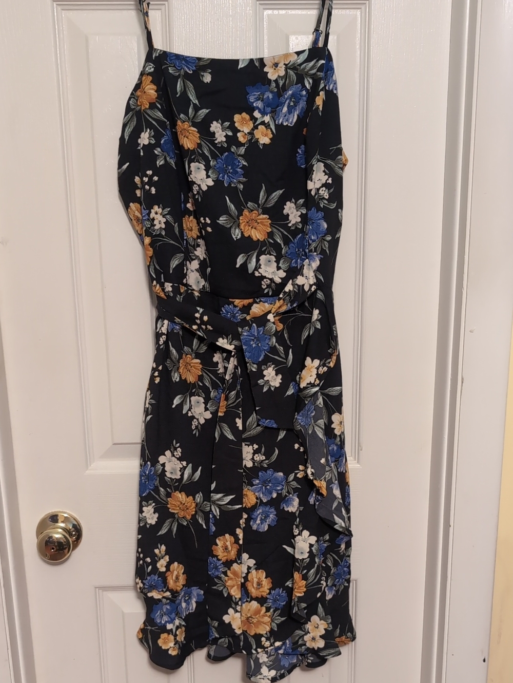 Floral Tie-Waist Spaghetti Strap Dress - Black with Blue & Mustard Flowers